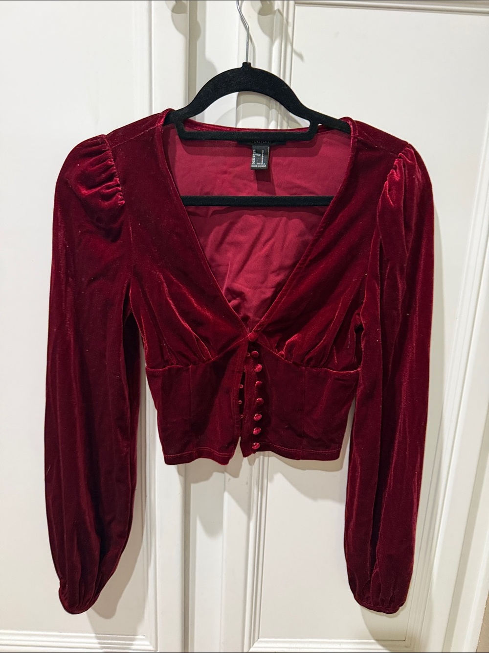 Forever 21 Burgundy Velvet Cropped Button-Front Top